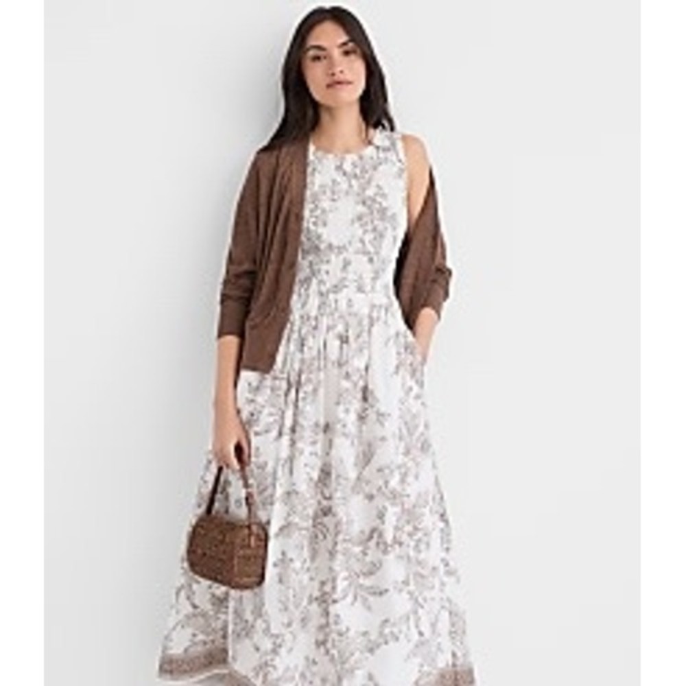 Loft Womens White Brown Toile Smocked Cotton Maxi Dress 40702971 NWT Size M